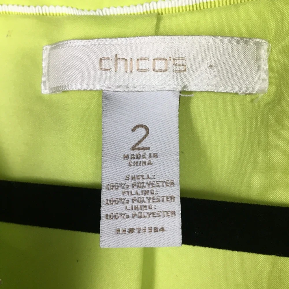 Chico's Quilted Jacket Womens 2 Large‎ Neon Lime Green Excellent Full Zip Pocket